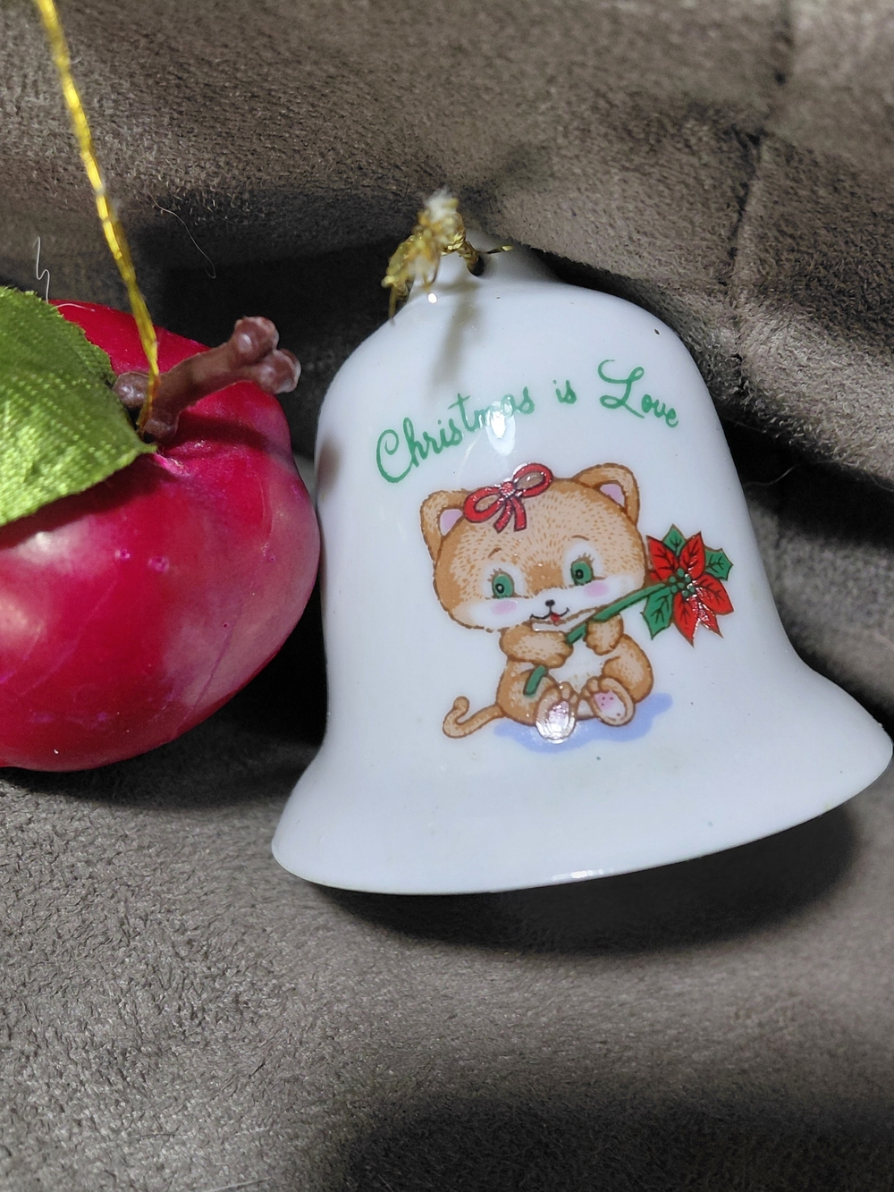 Vintage Inspired White Ceramic Cat Bell and Red Apple Ornaments